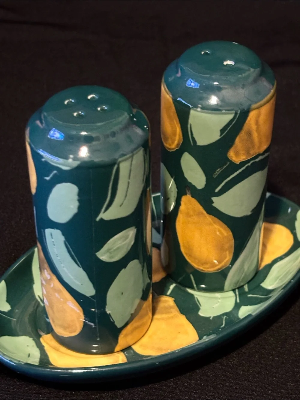 Anthropologie Holly and Pear Salt & Pepper Shakers with Underplate. Ceramic